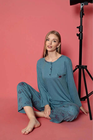 Lukitus Uzun Kol Bambu İnterlok Kadın Pijama Takımı