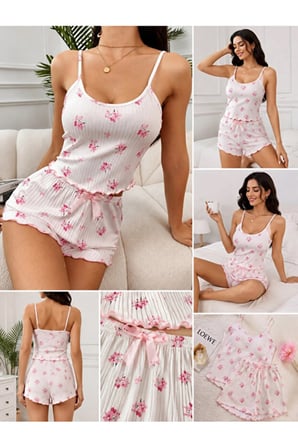 Çiçek Desenli Fitilli Askılı Şortlu Gecelik Pijama Takımı