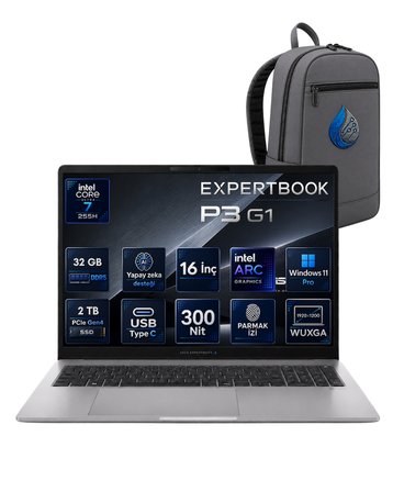 ASUS ExpertBook P3 G1 Intel Core Ultra 7 255H 32 GB DDR5 2 TB SSD 16'' WUXGA IPS Windows 11 Pro Dizüstü Bilgisayar P3606CCA-U716512G1D-AIRNP11