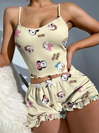 Askılı Mini Şortlu Pijama Takımı Cute Kaşkorse Fitilli