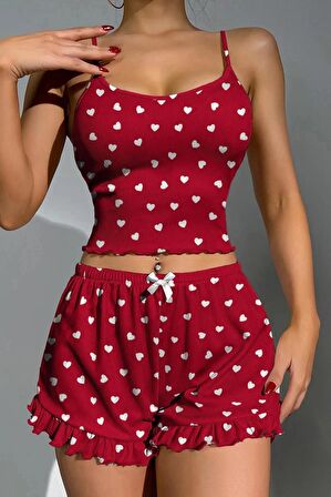 Askılı Mini Şortlu Pijama Takımı Kırmızı Kalp Kaşkorse Fitilli