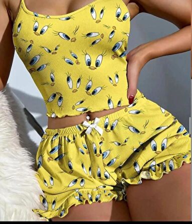 Askılı Mini Şortlu Pijama Takımı Tweety Kaşkorse Fitilli