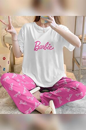 Barbie Kısa Kol Üst Beyaz Pijama Takımı P-447521KISA