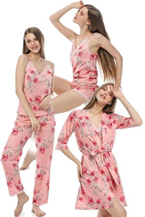 Ultra Soft 5 Li Pijama Takımı Gecelik Sabahlık Şort Takım Dantel Detaylı Desenli Pudra DİLVİN