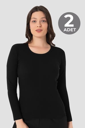 Delux Serisi Stil Alisilmis Kombin 2 Adet Kadın Siyah Tişört Bisiklet Yaka Uzun Kollu Fanila Badi