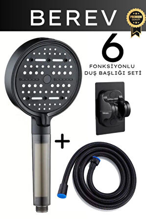 6 Fonksiyonlu Filtreli Duş Başlığı 150 Cm Siyah Duş Hortumu Yapışkanlı Askı Su Tasarruflu Basınçlı Kireç Klor Önleyici