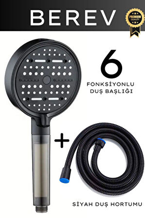 6 Fonksiyonlu Filtreli Duş Başlığı 150 Cm Siyah Duş Hortumu Yapışkanlı Askı Su Tasarruflu Basınçlı Kireç Klor Önleyici