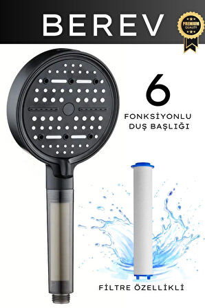 6 Fonksiyonlu Filtreli Duş Başlığı 150 Cm Siyah Duş Hortumu Yapışkanlı Askı Su Tasarruflu Basınçlı Kireç Klor Önleyici