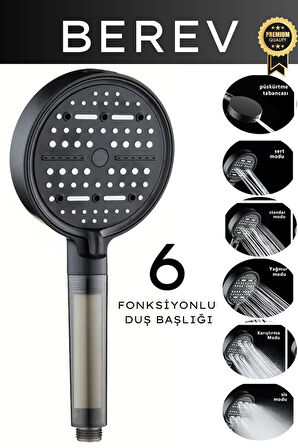6 Fonksiyonlu Filtreli Duş Başlığı 150 Cm Siyah Duş Hortumu Yapışkanlı Askı Su Tasarruflu Basınçlı Kireç Klor Önleyici