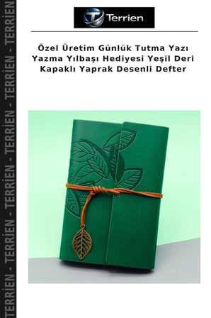 Özel Üretim Günlük Tutma Yazı Yazma Yılbaşı Hediyesi Yeşil Deri Kapaklı Yaprak Desenli Defter
