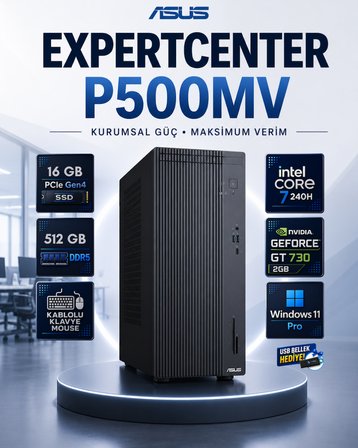 Asus ExpertCenter P500MV Core 7 240H 16 GB DDR5 512 GB SSD GT 730 Ekran Kartı Windows 11 Pro Masaüstü Bilgisayar P500MVC7GT730RNP01