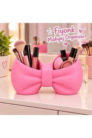 Fiyonk Tasarımlı Makyaj Organizeri 16x10 cm – Kozmetik ve Makyaj Malzemeleri Düzenleyici - Pembe