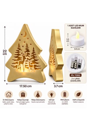 LED Işıklı Çam Ağacı Dekoratif Biblo – Geyik ve Yıldız Desenli Yılbaşı Dekorasyonu, Pilli Gece Lambası - Gold