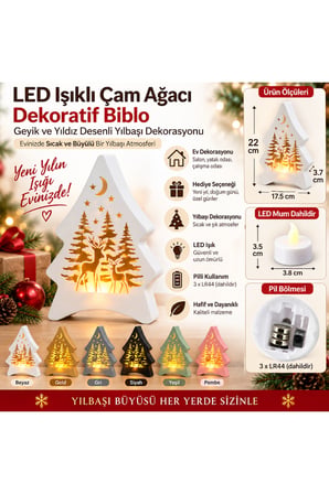 LED Işıklı Çam Ağacı Dekoratif Biblo – Geyik ve Yıldız Desenli Yılbaşı Dekorasyonu, Pilli Gece Lambası - Pembe