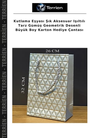 Kutlama Eşyası Şık Aksesuar Işıltılı Tarz Gümüş Geometrik Desenli Büyük Boy Karton Hediye Çantası