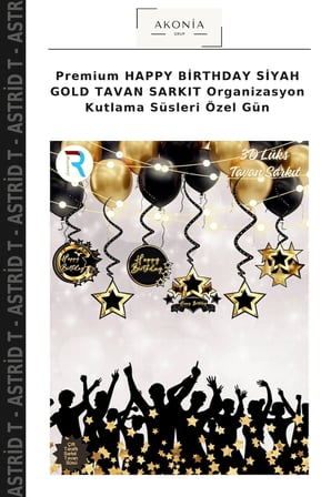 Premium HAPPY BİRTHDAY SİYAH GOLD TAVAN SARKIT Organizasyon Kutlama Süsleri Özel Gün