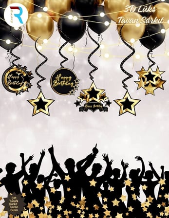 Premium HAPPY BİRTHDAY SİYAH GOLD TAVAN SARKIT Organizasyon Kutlama Süsleri Özel Gün