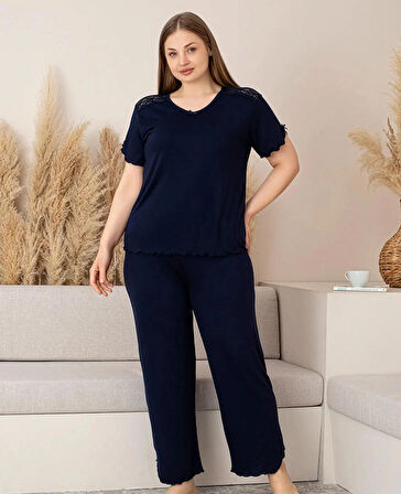 Lukitus Büyük Beden Battal Bambu Dantel Detaylı Kısa Kol Kadın Pijama Takımı
