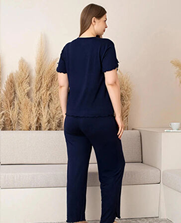 Lukitus Büyük Beden Battal Bambu Dantel Detaylı Kısa Kol Kadın Pijama Takımı