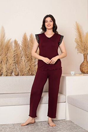 “Bambu Kumaş Büyük Beden Kadın Dantelli Kısa Kollu Pijama Takımı – Yumuşak, Nefes Alabilir, Şık ve Rahat, M-5XL”