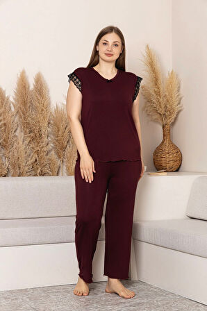 “Bambu Kumaş Büyük Beden Kadın Dantelli Kısa Kollu Pijama Takımı – Yumuşak, Nefes Alabilir, Şık ve Rahat, M-5XL”