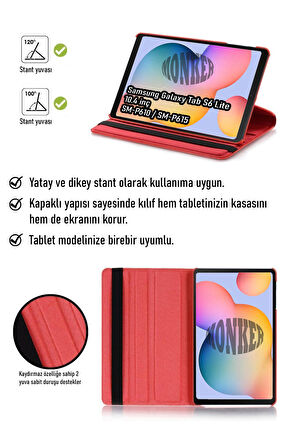 Monker Samsung Galaxy Tab S6 Lite P610 Uyumlu Kırmızı 10.4 inç Tablet Kılıfı Dönebilen Standlı Suni Deri