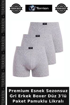 Premium Esnek Sezonsuz Gri Erkek Boxer Düz 3'lü Paket Pamuklu Likralı