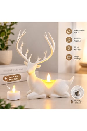 Geyik Biblo Mumluk – LED Tealight Mumlu Dekoratif Masa ve Ev Süsü, 18 cm - Beyaz