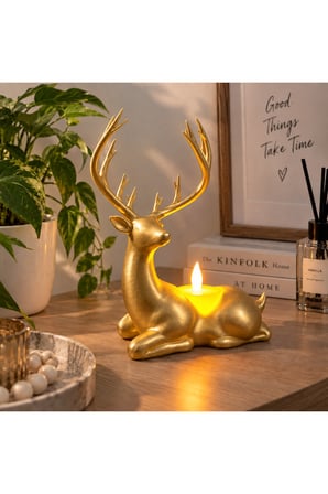 Geyik Biblo Mumluk – LED Tealight Mumlu Dekoratif Masa ve Ev Süsü, 18 cm - Gold