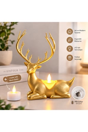 Geyik Biblo Mumluk – LED Tealight Mumlu Dekoratif Masa ve Ev Süsü, 18 cm - Gold