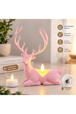 Geyik Biblo Mumluk – LED Tealight Mumlu Dekoratif Masa ve Ev Süsü, 18 cm - Pembe