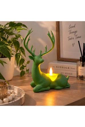 Geyik Biblo Mumluk – LED Tealight Mumlu Dekoratif Masa ve Ev Süsü, 18 cm - Yeşil