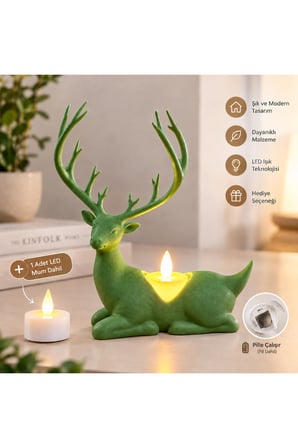 Geyik Biblo Mumluk – LED Tealight Mumlu Dekoratif Masa ve Ev Süsü, 18 cm - Yeşil