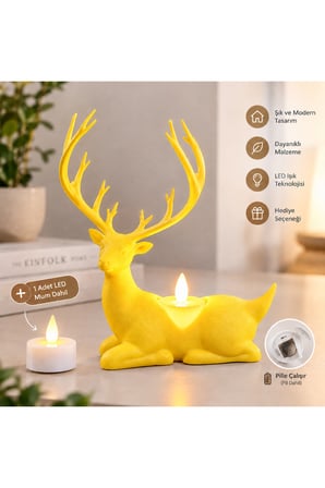 Geyik Biblo Mumluk – LED Tealight Mumlu Dekoratif Masa ve Ev Süsü, 18 cm - Sarı