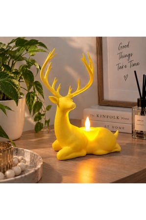 Geyik Biblo Mumluk – LED Tealight Mumlu Dekoratif Masa ve Ev Süsü, 18 cm - Sarı