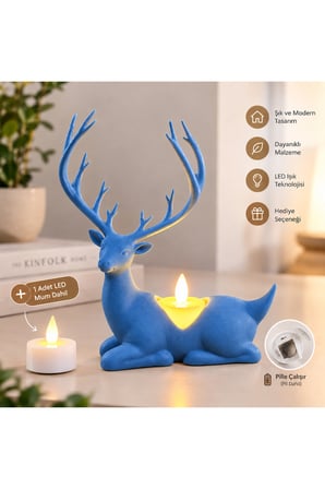 Geyik Biblo Mumluk – LED Tealight Mumlu Dekoratif Masa ve Ev Süsü, 18 cm - Mavi