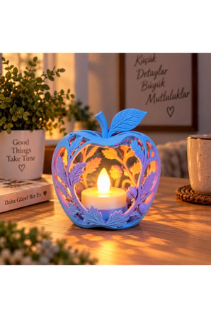 Elma Figürlü Dekoratif Mumluk – Yaprak Desenli Tealight Mumluk, Dekoratif LED Mum Hediyeli