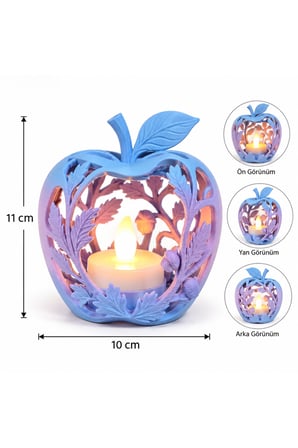 Elma Figürlü Dekoratif Mumluk – Yaprak Desenli Tealight Mumluk, Dekoratif LED Mum Hediyeli