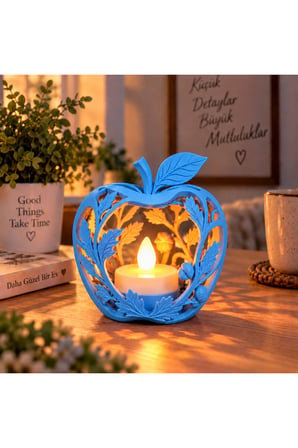 Elma Figürlü Dekoratif Mumluk – Yaprak Desenli Tealight Mumluk, Dekoratif LED Mum Hediyeli - Mavi