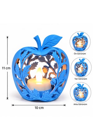 Elma Figürlü Dekoratif Mumluk – Yaprak Desenli Tealight Mumluk, Dekoratif LED Mum Hediyeli - Mavi