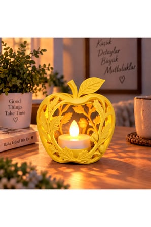 Elma Figürlü Dekoratif Mumluk – Yaprak Desenli Tealight Mumluk, Dekoratif LED Mum Hediyeli - Sarı