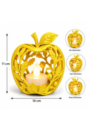 Elma Figürlü Dekoratif Mumluk – Yaprak Desenli Tealight Mumluk, Dekoratif LED Mum Hediyeli - Sarı