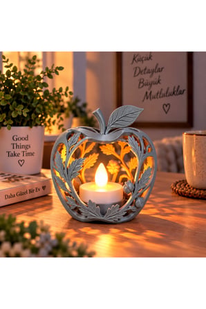 Elma Figürlü Dekoratif Mumluk – Yaprak Desenli Tealight Mumluk, Dekoratif LED Mum Hediyeli - Gri