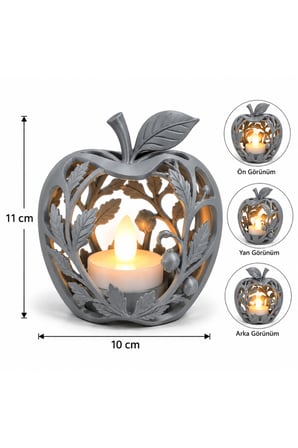 Elma Figürlü Dekoratif Mumluk – Yaprak Desenli Tealight Mumluk, Dekoratif LED Mum Hediyeli - Gri