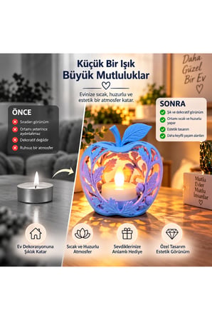 Elma Figürlü Dekoratif Mumluk – Yaprak Desenli Tealight Mumluk, Dekoratif LED Mum Hediyeli - Gri