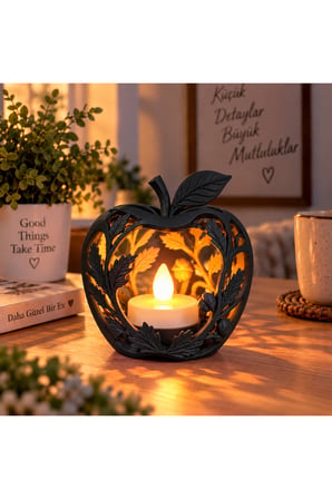 Elma Figürlü Dekoratif Mumluk – Yaprak Desenli Tealight Mumluk, Dekoratif LED Mum Hediyeli - Siyah