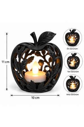 Elma Figürlü Dekoratif Mumluk – Yaprak Desenli Tealight Mumluk, Dekoratif LED Mum Hediyeli - Siyah