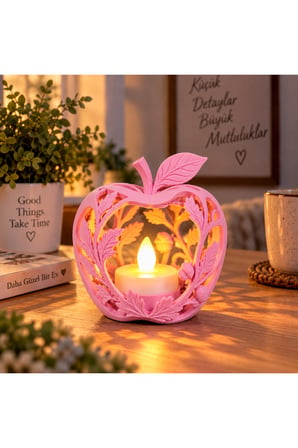 Elma Figürlü Dekoratif Mumluk – Yaprak Desenli Tealight Mumluk, Dekoratif LED Mum Hediyeli - Pembe
