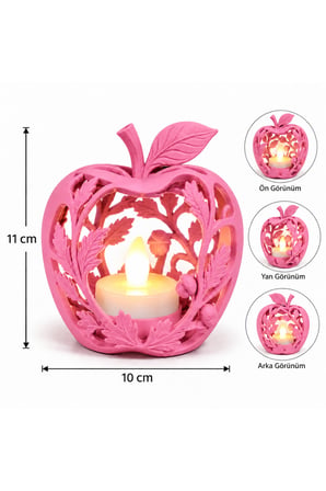 Elma Figürlü Dekoratif Mumluk – Yaprak Desenli Tealight Mumluk, Dekoratif LED Mum Hediyeli - Pembe