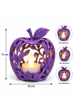 Elma Figürlü Dekoratif Mumluk – Yaprak Desenli Tealight Mumluk, Dekoratif LED Mum Hediyeli - Mor